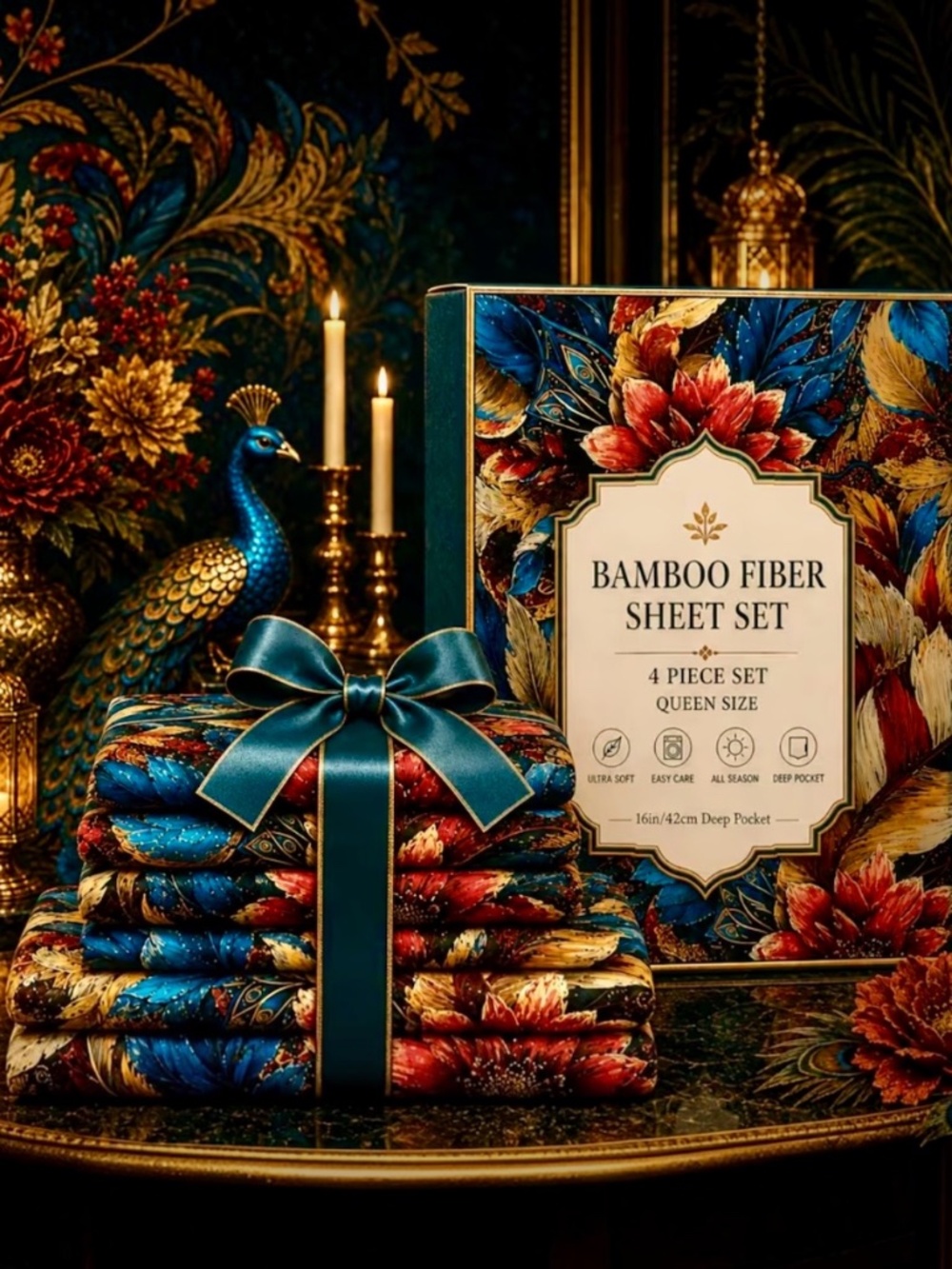 HOPEGLEE Queen Bamboo Sheet Set 4PC Floral 16” Deep Pocket New